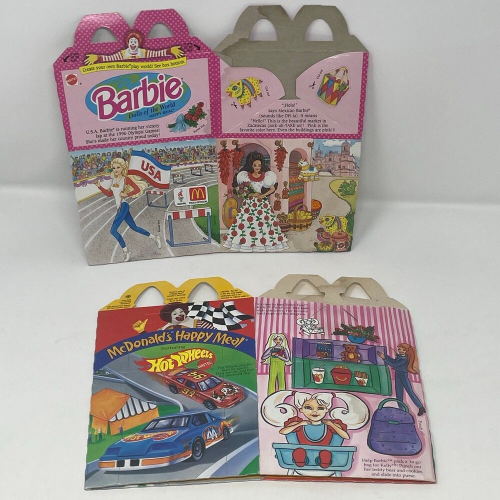 Set of 2 Vintage 1998 McDonald's Happy Meal Boxes - Barbie & Hot Wheels -‎ Flat